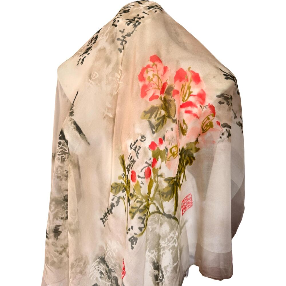 Vintage 1990s Asian Watercolor Calligraphy Silk Chiffon Scarf 40x42 - Picture 7 of 14